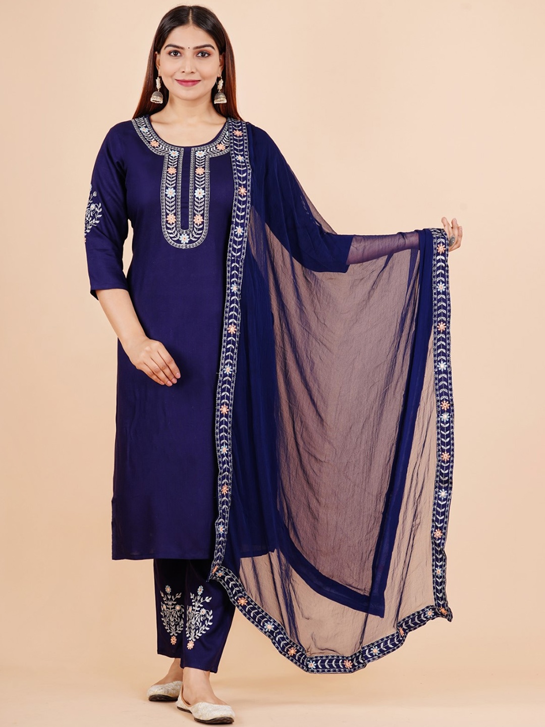 VYKOO Women Embroidered Regular Thread Work Kurta with Trousers & With Dupatta, Blue