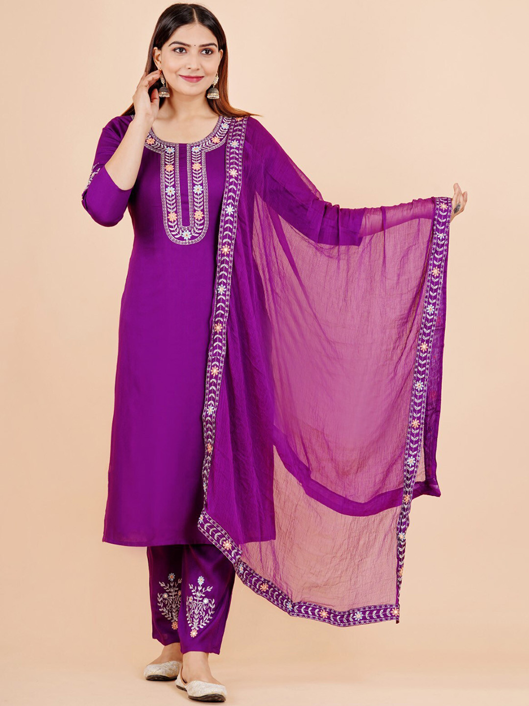 

VYKOO Floral Yoke Design Regular Thread Work Kurta With Palazzos & Dupatta, Purple