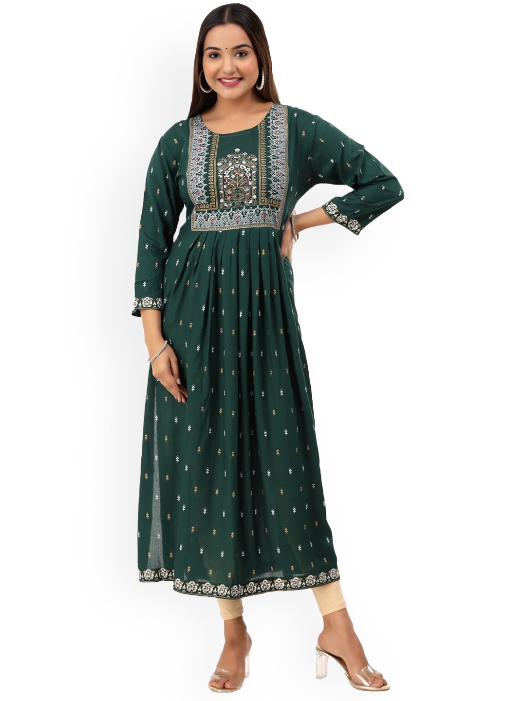 

VYKOO Ethnic Motifs Printed Round Neck Anarkali Kurta, Green