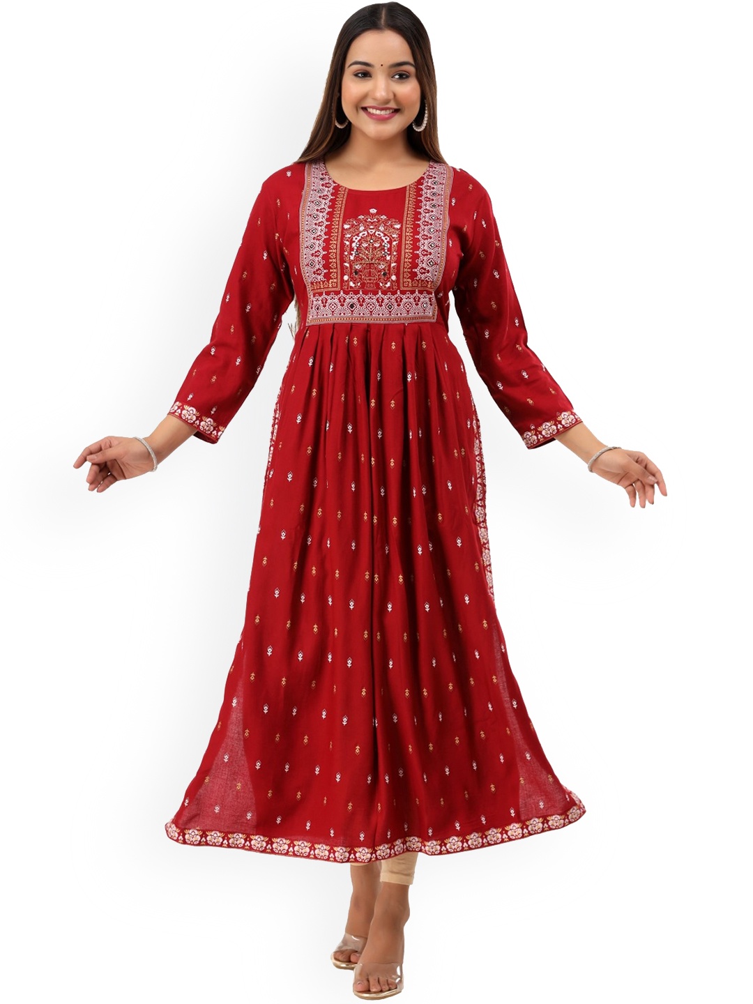 

VYKOO Ethnic Motifs Printed Round Neck Anarkali Kurta, Maroon