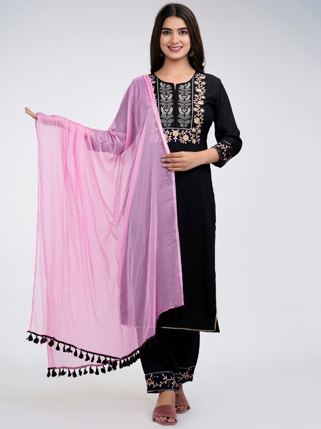 VYKOO Floral Yoke Design Regular Thread Work Kurta with Palazzo & Dupatta, Black