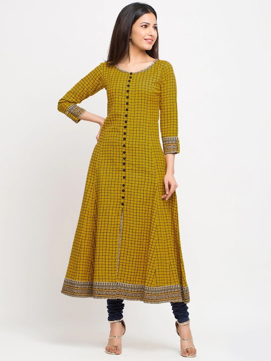 

KALINI Checked Panelled Cotton Anarkali Kurta, Yellow