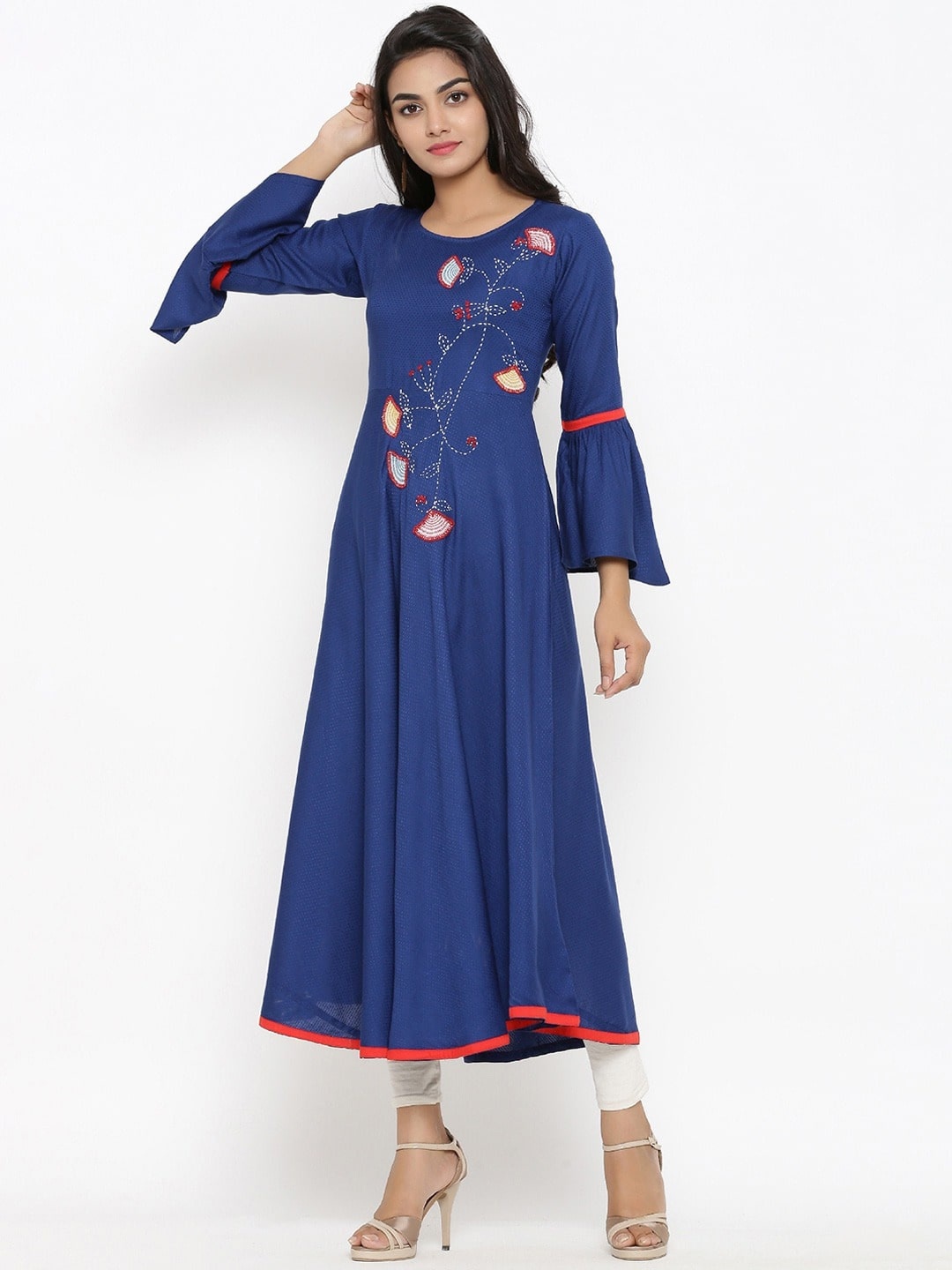 

KALINI Round Neck Embroidered Flared Sleeves Anarkali Kurta, Blue