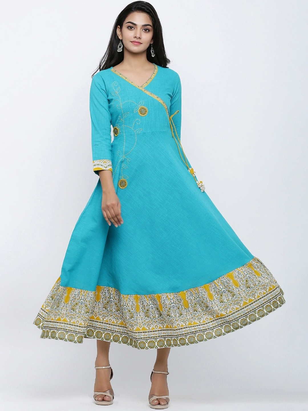 KALINI Paisley Embroidered Flared Sleeves Angrakha Anarkali Kurta, Teal