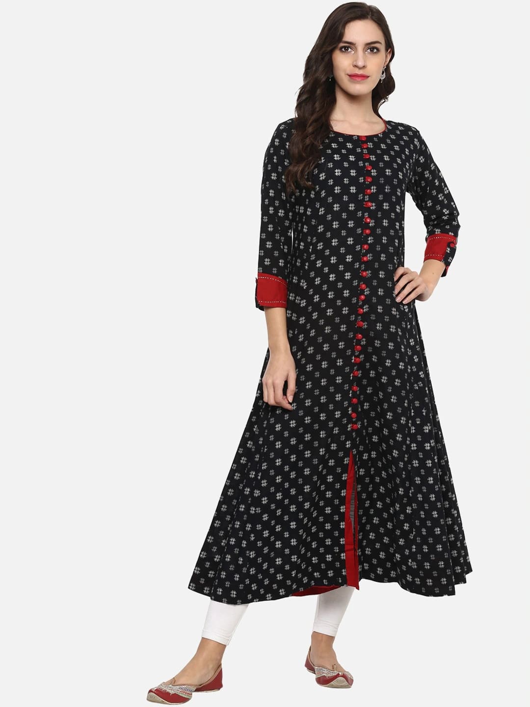 KALINI Geometric Printed Cotton A-Line Kurta, Black