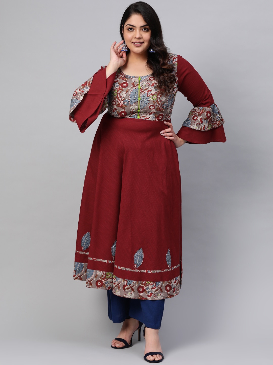 

KALINI Plus Size Ethnic Motifs Embroidered Flared Sleeves Cotton Anarkali Kurta, Maroon