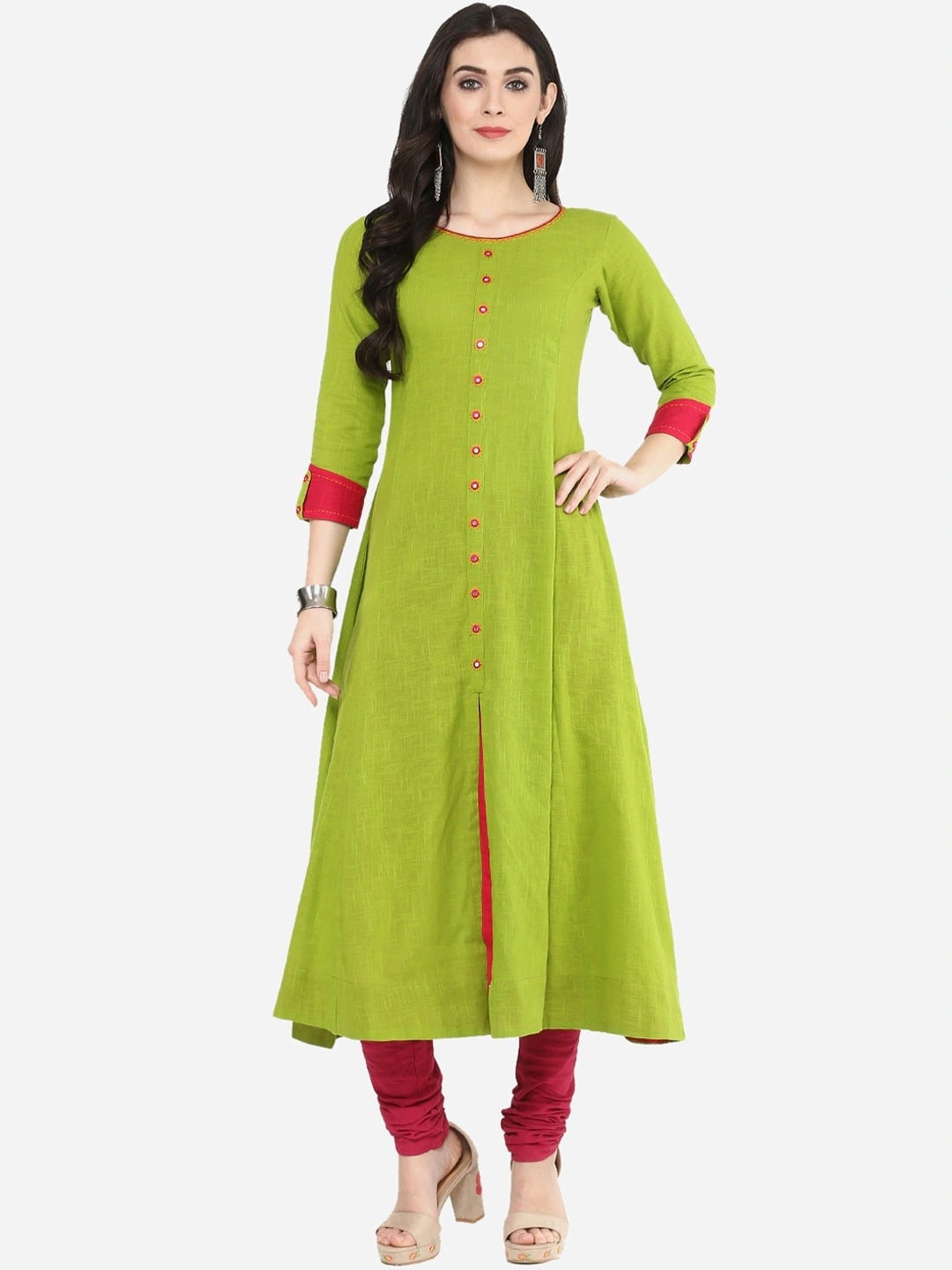 

KALINI Thread Work Cotton Panelled Anarkali Kurta, Green