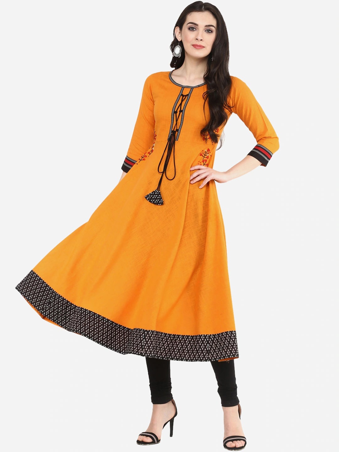 

KALINI Round Neck Three-Quarter Sleeves Gotta Patti Anarkali Cotton Kurta, Mustard
