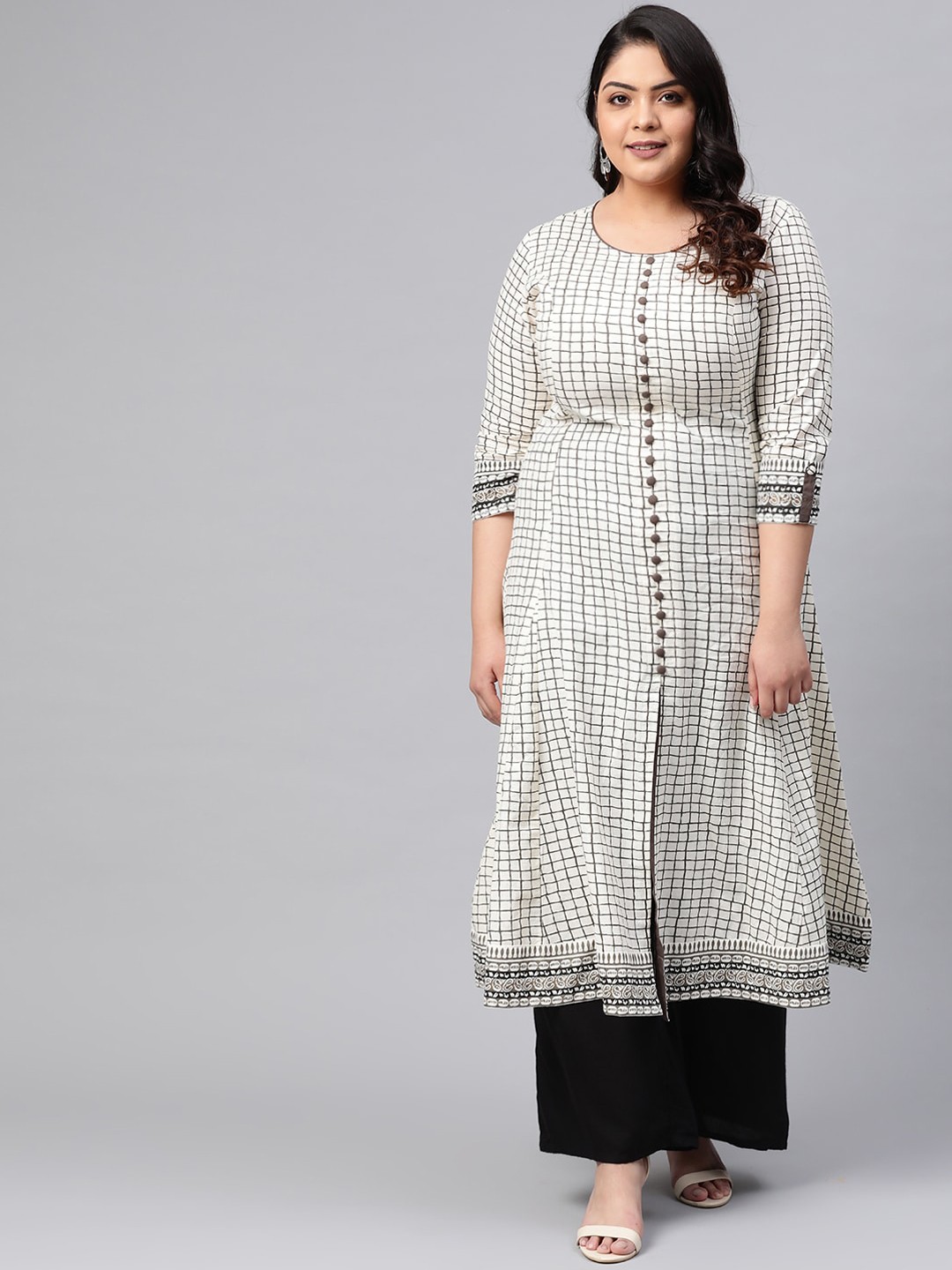

KALINI Round Neck Cotton Geometric Checked A-Line Kurta, White