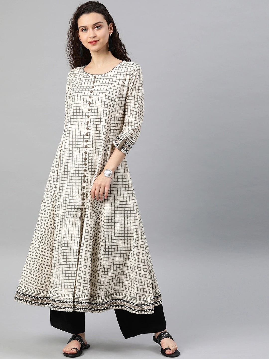 

KALINI Round Neck Checked Roll-Up Sleeves Cotton Anarkali Kurta, White