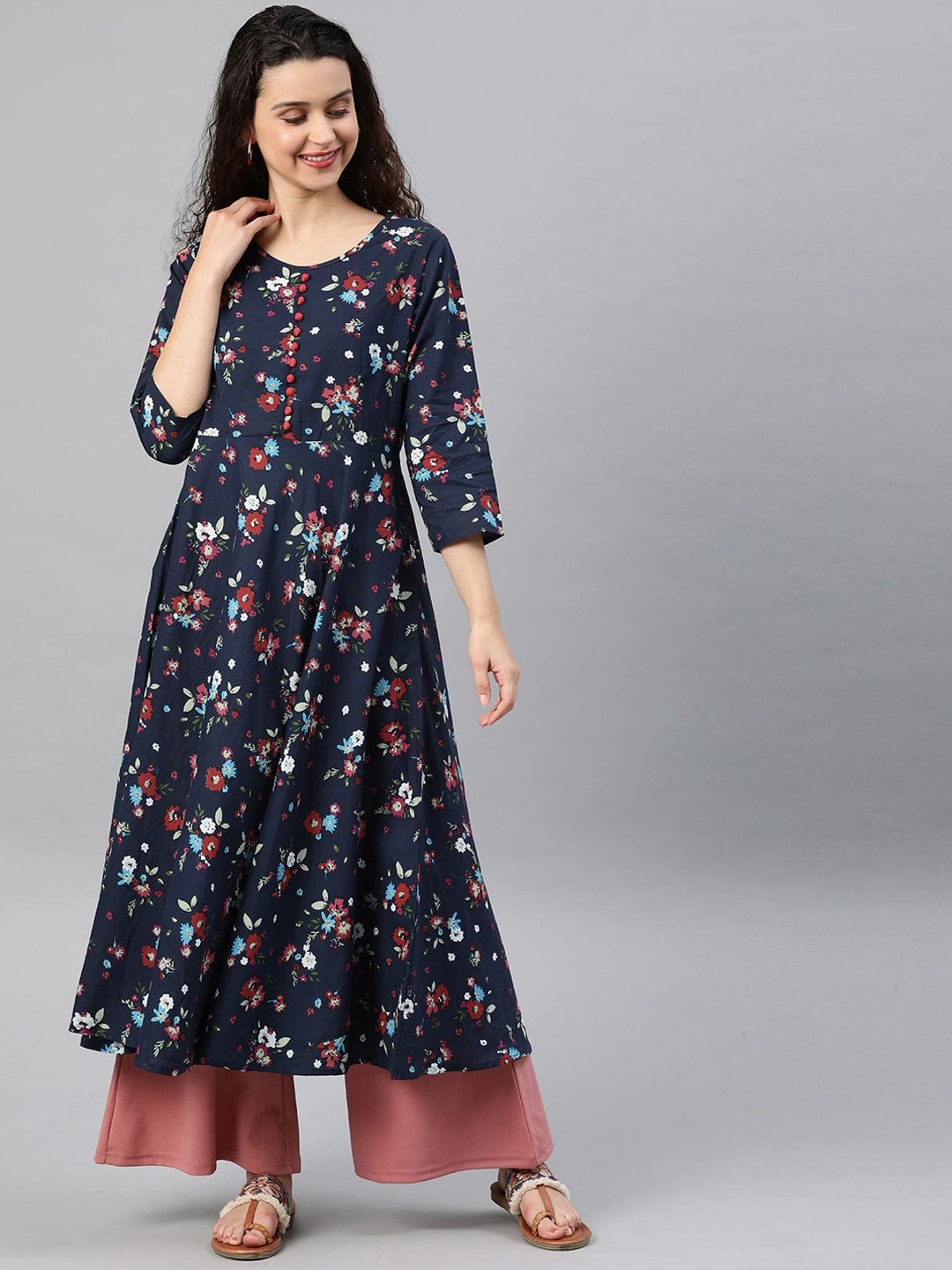 

KALINI Floral Printed Round Neck Sequinned Anarkali Cotton Kurta, Blue