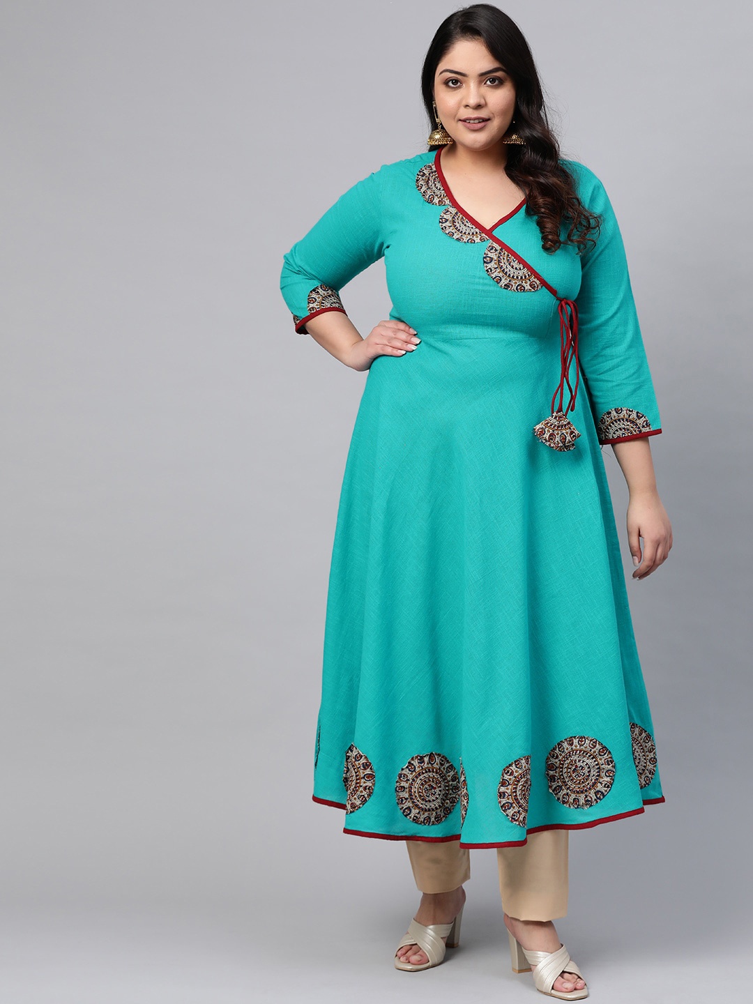 

KALINI Plus Size Ethnic Motifs Woven Design V-Neck Flared Sleeves Angrakha Kurta, Teal