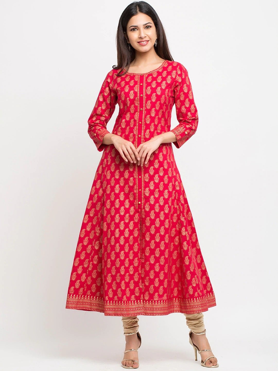 KALINI Paisley Printed Round Neck Mirror Work Anarkali Cotton Kurta, Red