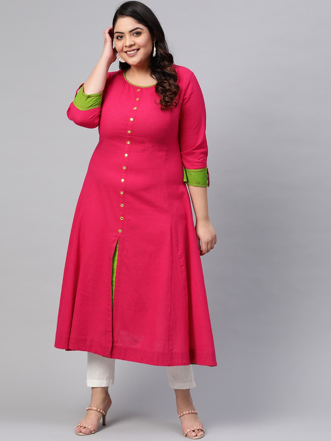 

KALINI Round Neck Thread Work Cotton Slub Roll-Up Sleeves A-Line Kurta, Pink