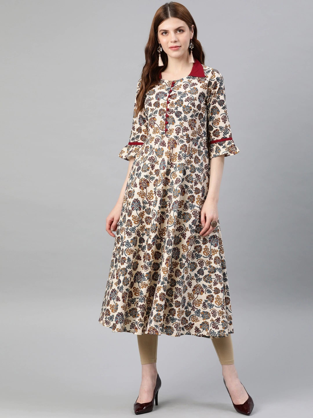 

KALINI Floral Printed Flared Sleeves Cotton Panelled Anarkali Kurta, Maroon