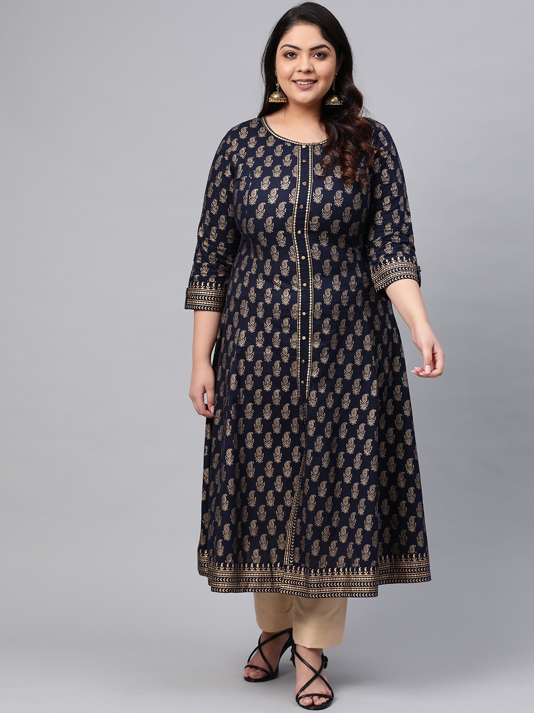 

KALINI Round Neck Ethnic Motifs Printed Cotton A-Line Kurta, Blue