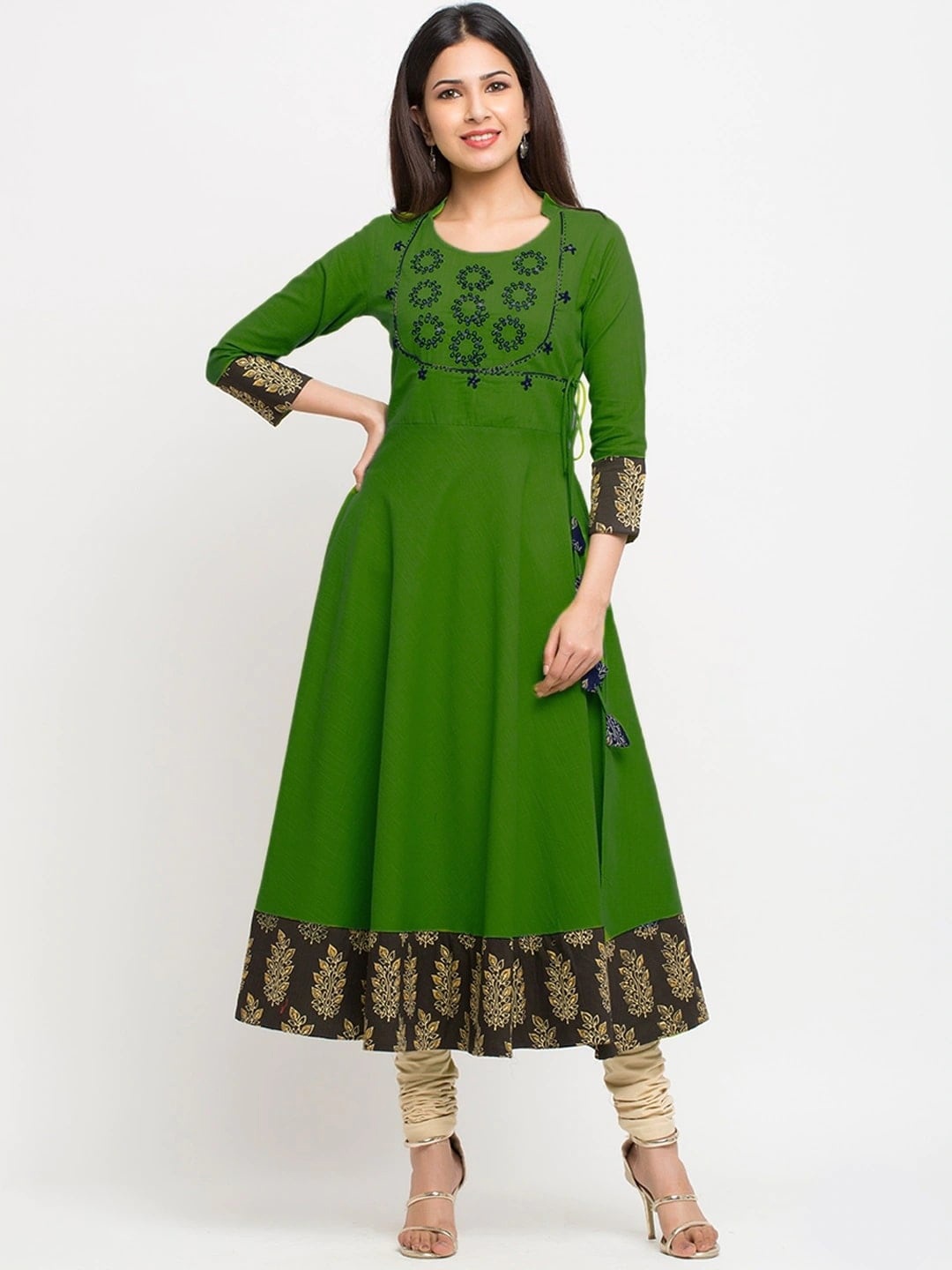 

KALINI Round Neck Embellished Sequins Work Cotton Slub Anarkali Kurta, Green