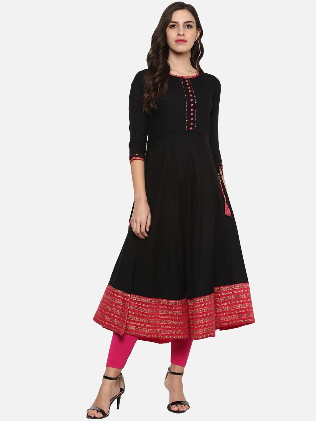 

KALINI Colourblocked Round Neck Thread Work Anarkali Kurta, Black
