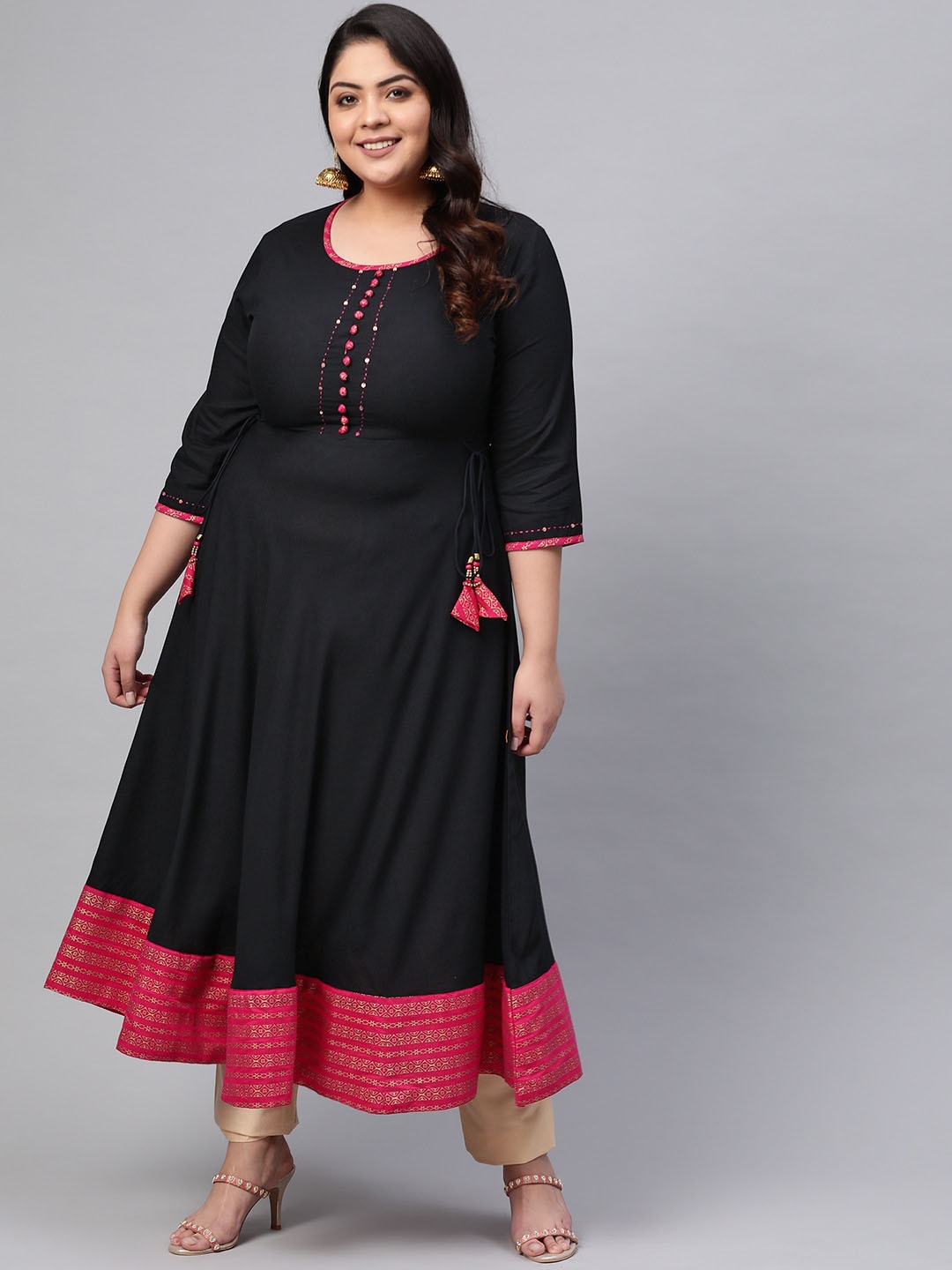 KALINI Round Neck Sequinned Printed Anarkali Kurta, Black