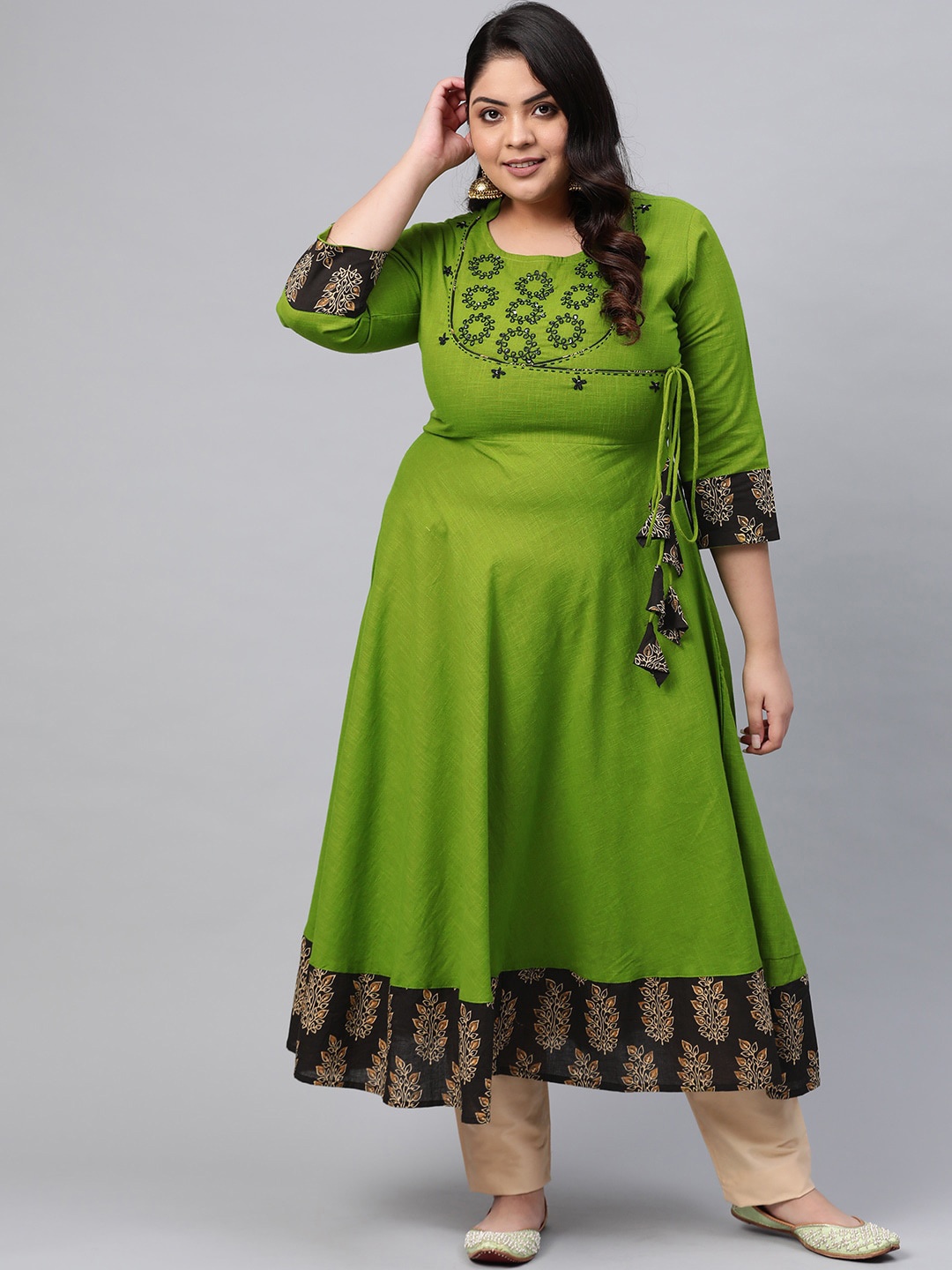 

KALINI Floral Printed Flared Sleeves Empire Sequins A-Line Kurta, Green