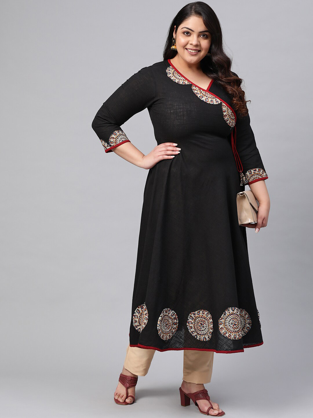 

KALINI Plus Size V-Neck Three-Quarter Sleeves Thread Work Cotton Anarkali Kurta, Black