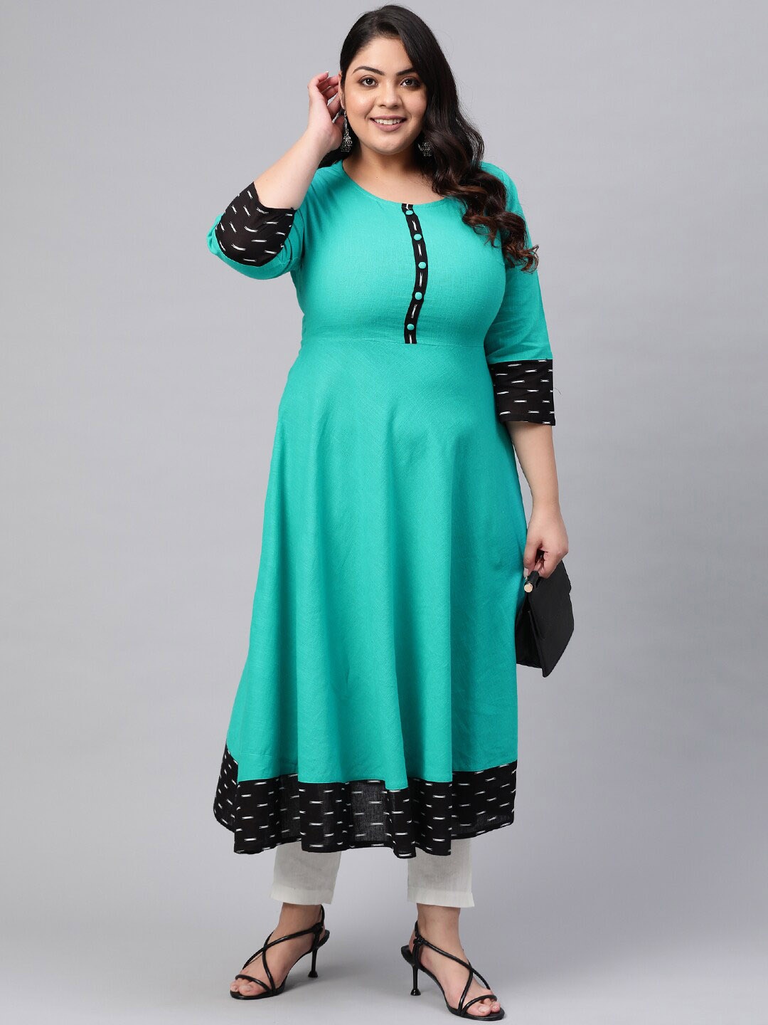 

KALINI Plus Size Round Neck Gotta Patti Anarkali Cotton Kurta, Teal
