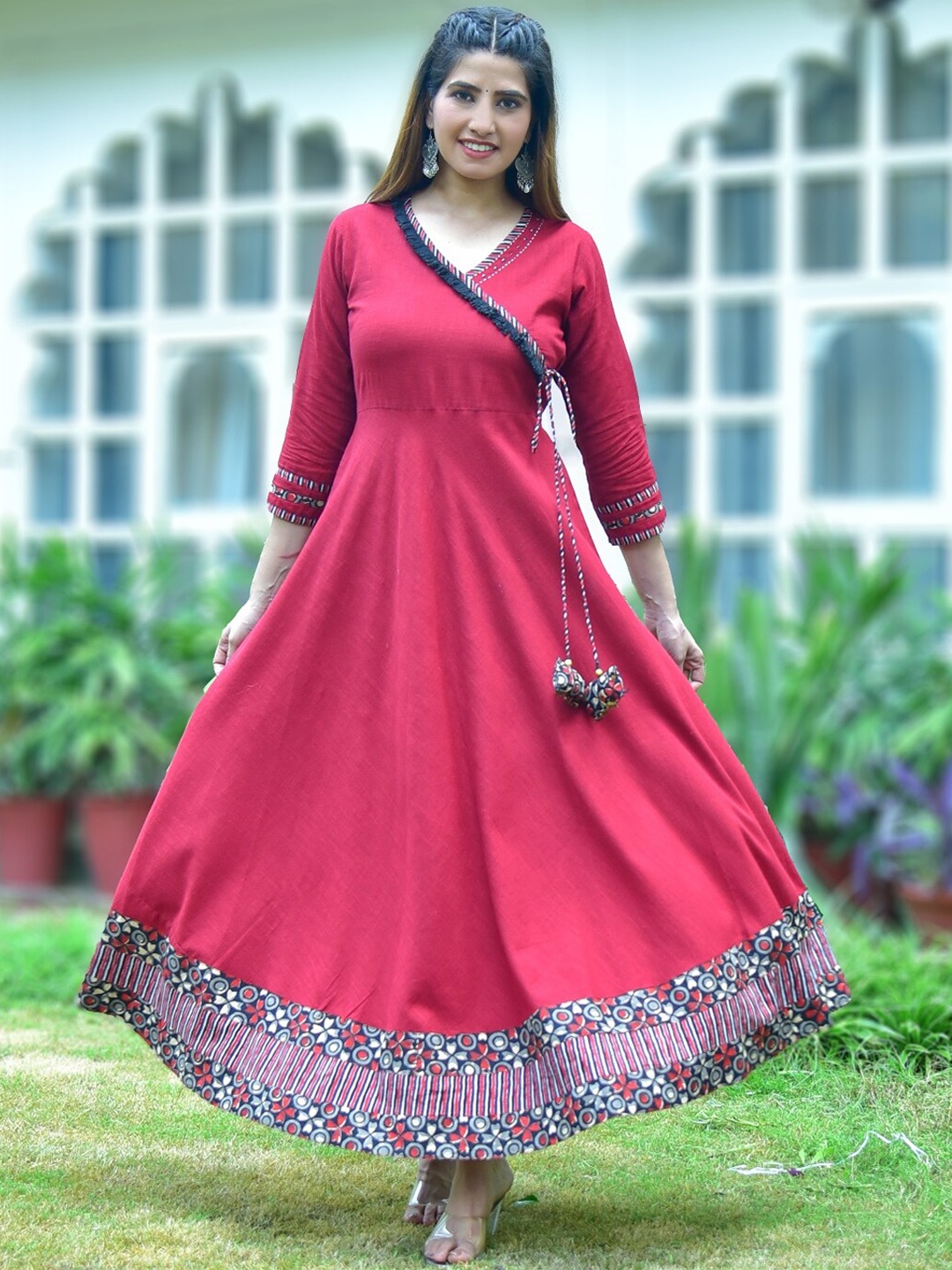KALINI V-Neck Beads and Stones Cotton Printed Angrakha Style Anarkali Kurta, Maroon