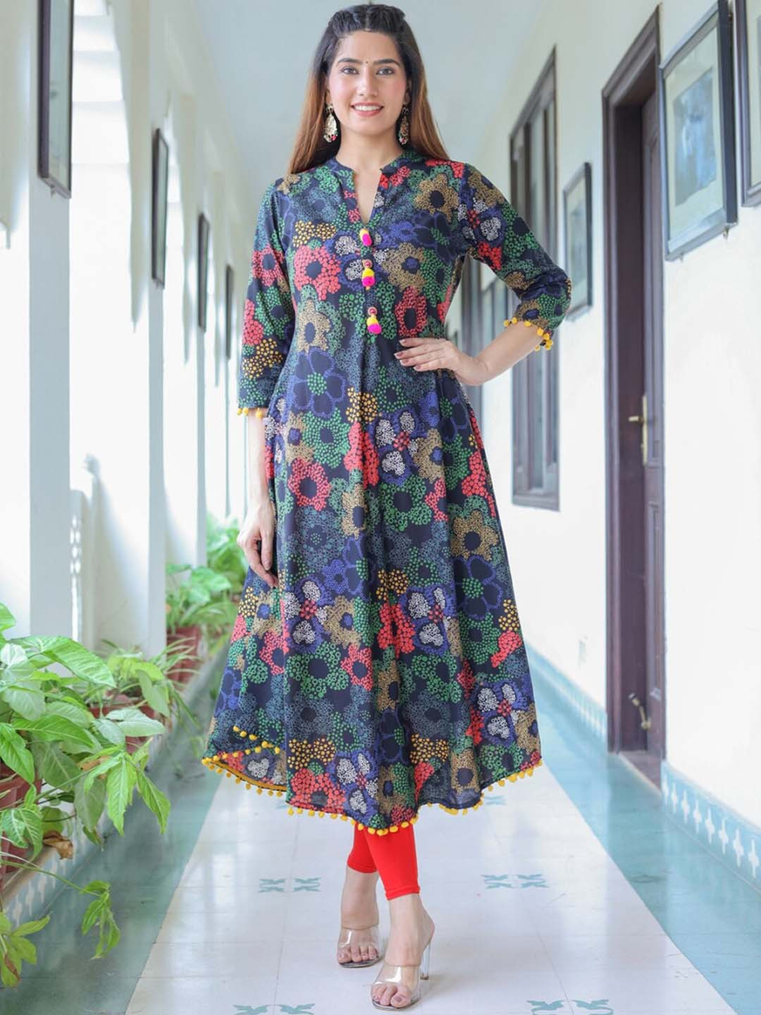 

KALINI Floral Printed Mandarin Collar Cotton Pleated Anarkali Kurta, Black