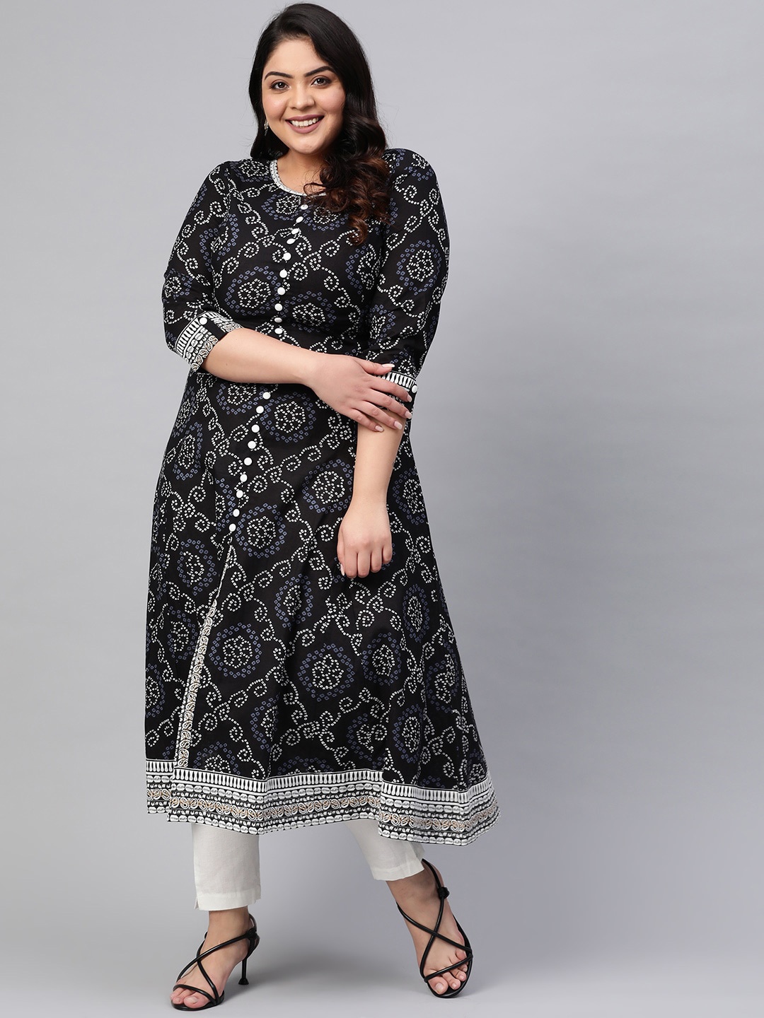 

KALINI Ethnic Motifs Printed Roll-Up Sleeves Sequinned Anarkali Kurta, Black