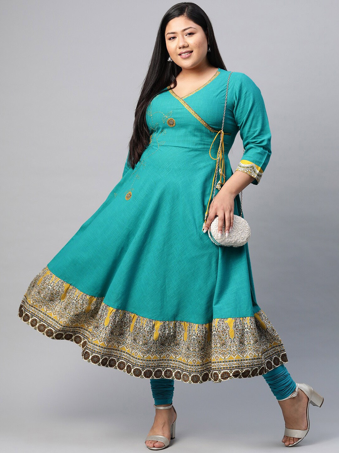 KALINI V-Neck Floral Thread Work Cotton Angrakha Style Anarkali Kurta, Teal