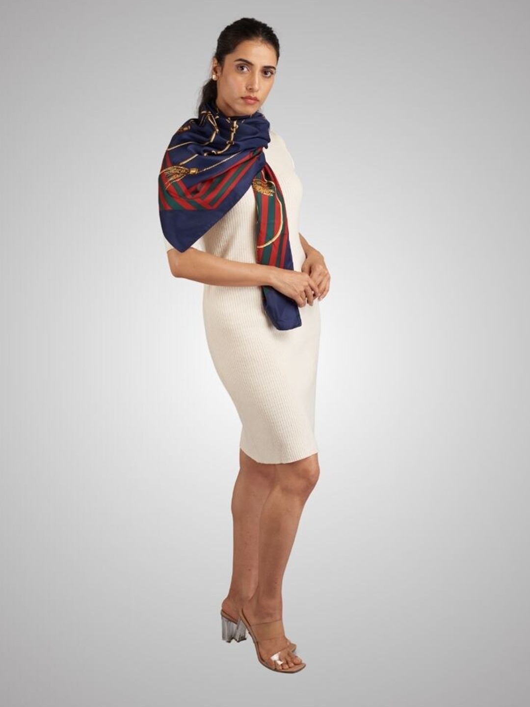 The Tie Hub Women Printed Scarf, Navy blue