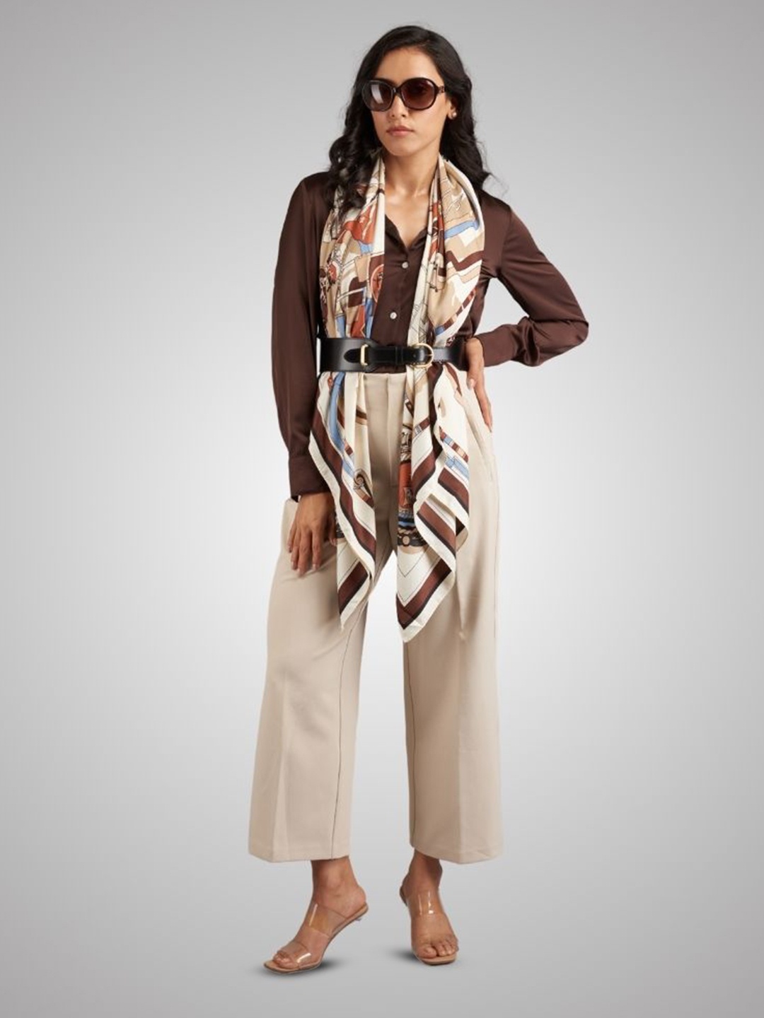 

The Tie Hub Women Printed Scarf, Brown