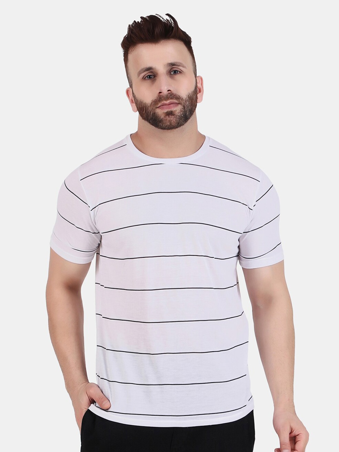 

WELL QUALITY Striped Round Neck T-shirt, Grey