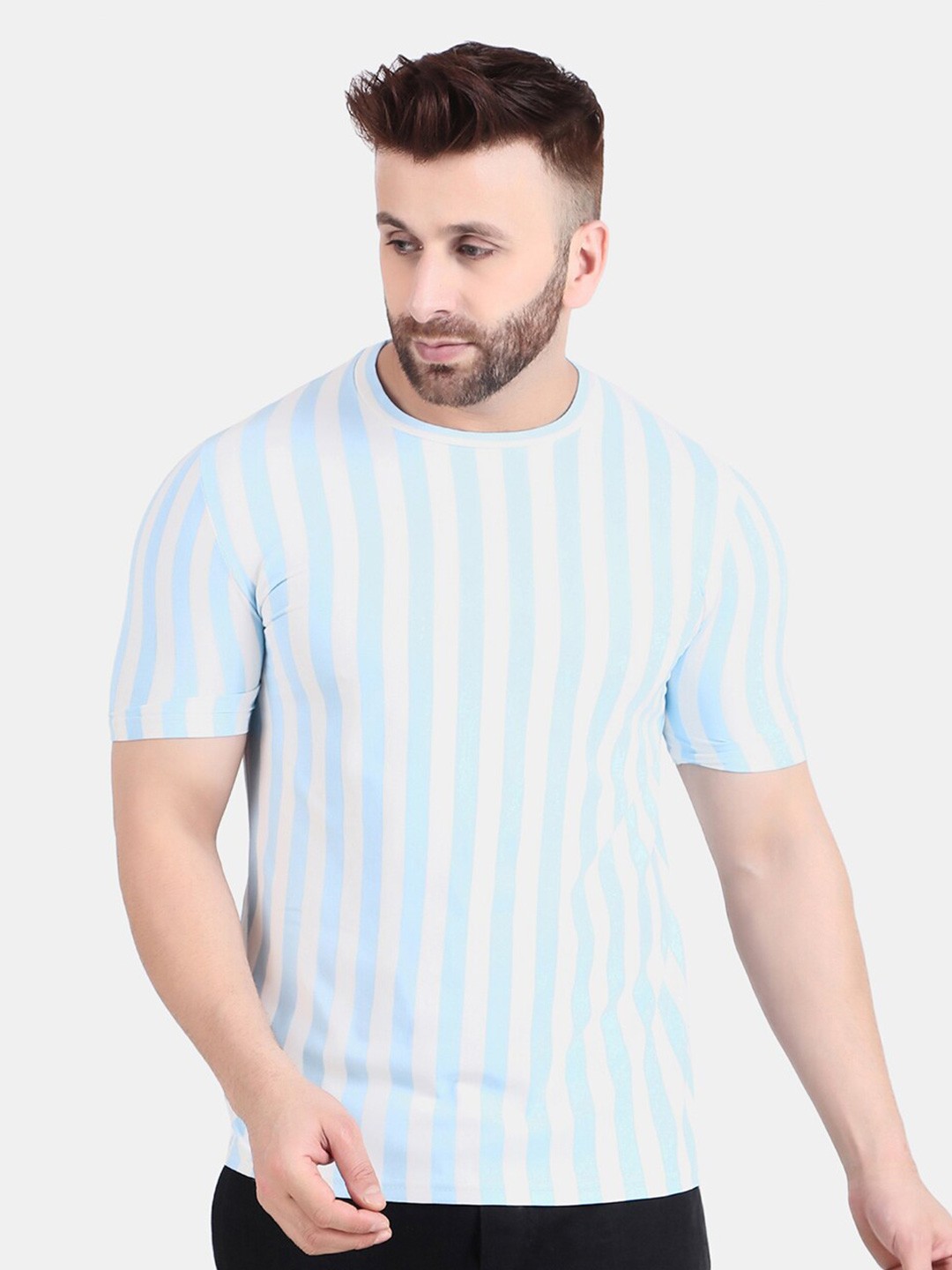 

WELL QUALITY Striped Round Neck Half Sleeve T-shirt, Blue