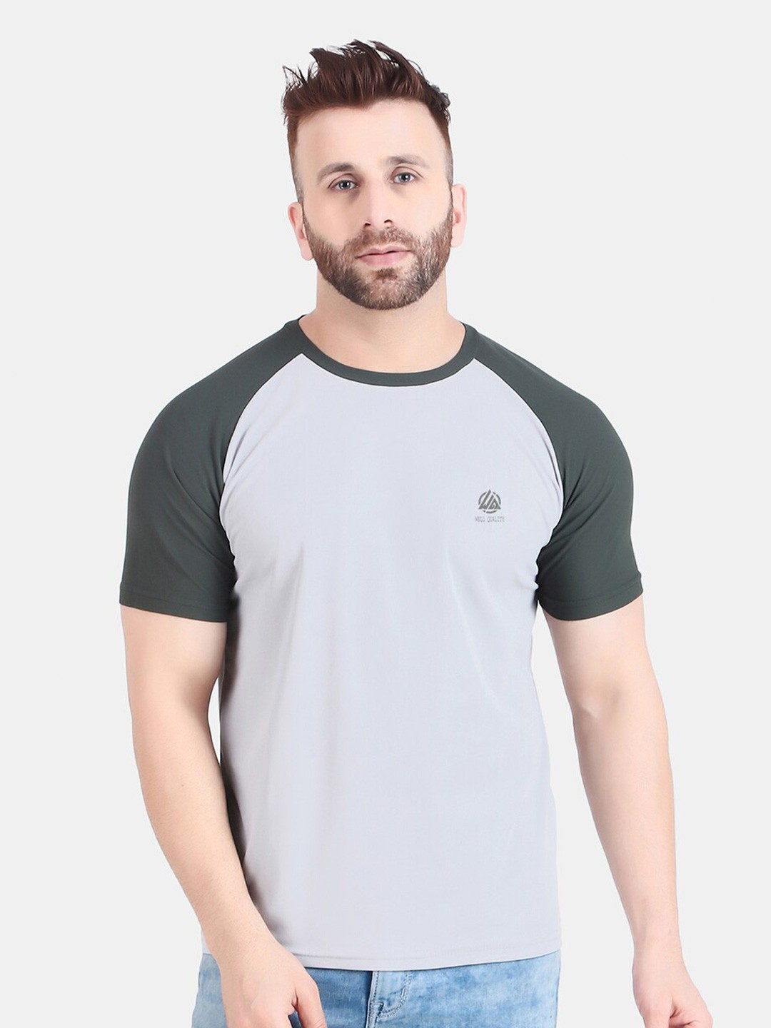 

WELL QUALITY Raglan Sleeves Round Neck T-shirt, Grey