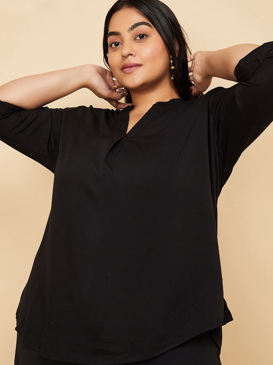 

max Mandarin Collar Three-Quarter Sleeves Top, Black