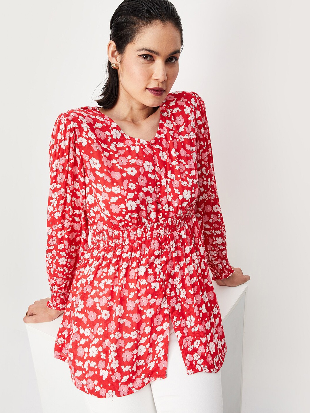 max Floral Printed V Neck Shirt Style Top, Red