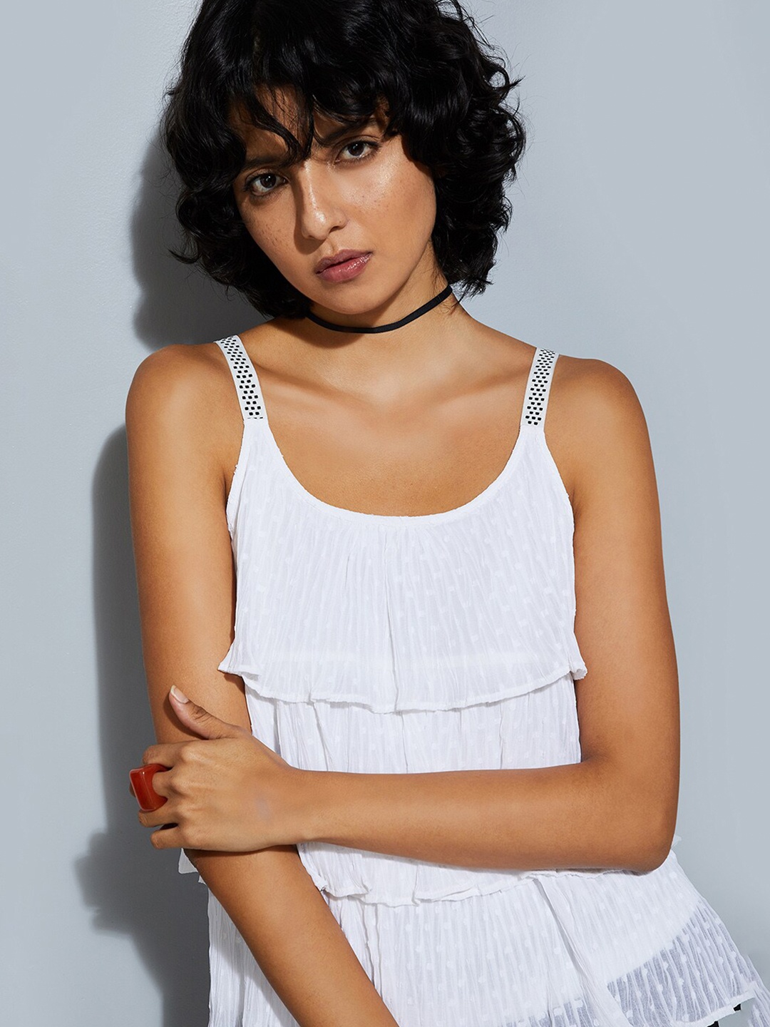 

max URB_N Women Textured Strappy Tiered Top, White