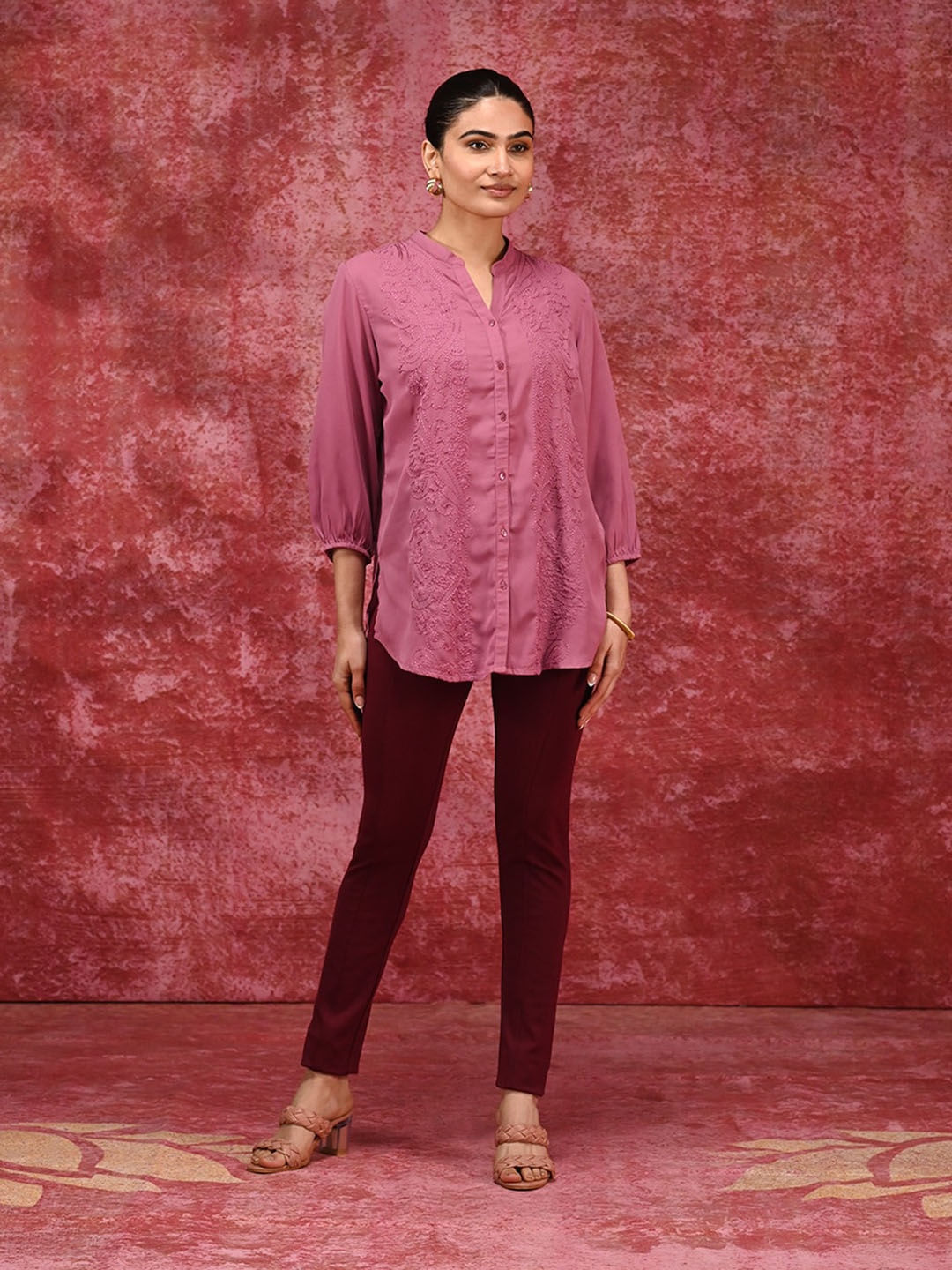 

Lakshita Embroidered Georgette Casual Tailored Fit Shirt, Pink