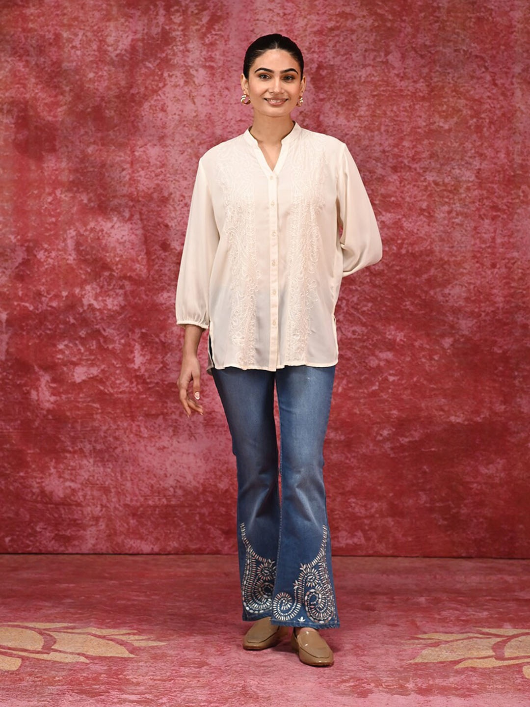

Lakshita Embroidered Georgette Casual Tailored Fit Shirt, Off white