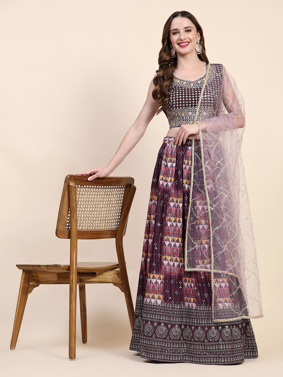 

AMOHA TRENDZ Embroidered Beads and Stones Foil Print Ready to Wear Lehenga & Blouse With Dupatta, Purple