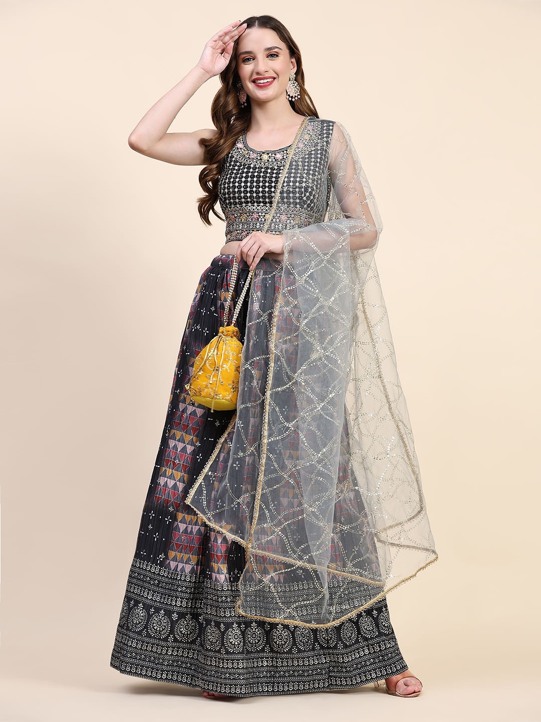 

AMOHA TRENDZ Embroidered Beads and Stones Foil Print Ready to Wear Lehenga & Blouse With Dupatta, Grey