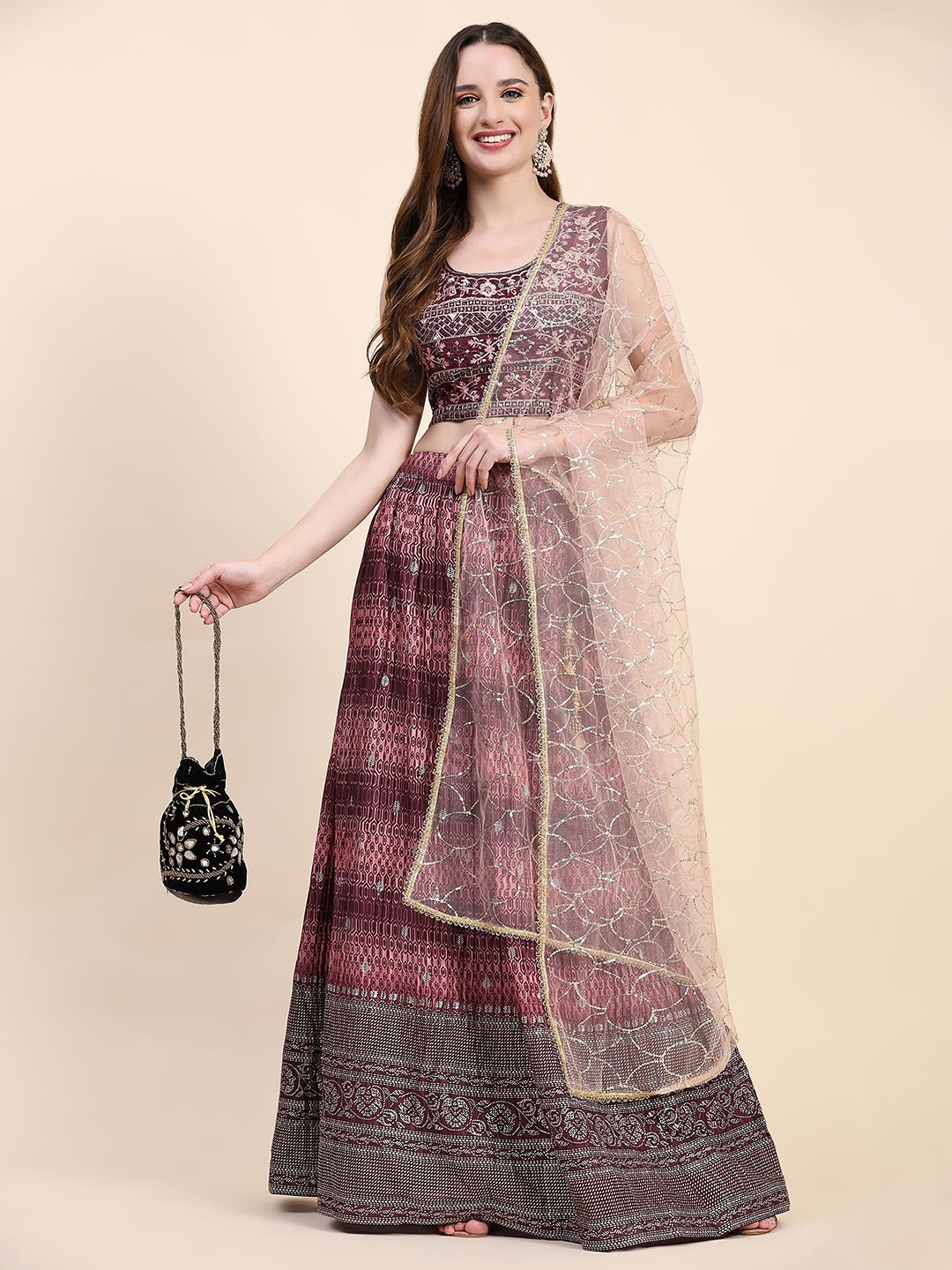 

AMOHA TRENDZ Embroidered Beads and Stones Foil Print Ready to Wear Lehenga & Blouse With Dupatta, Purple