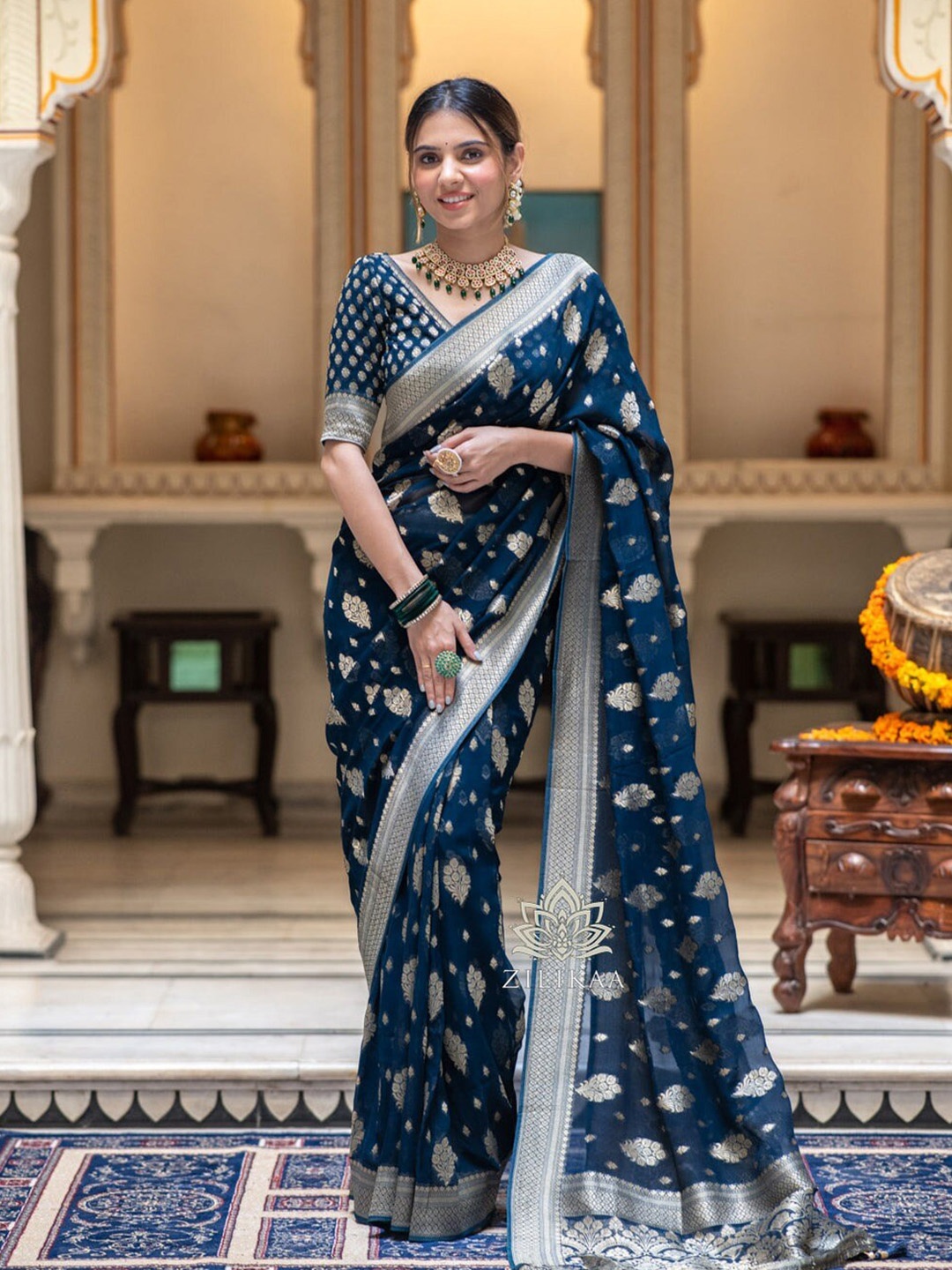 

Jinal & Jinal Woven Design Zari Pure Silk Banarasi Saree, Blue