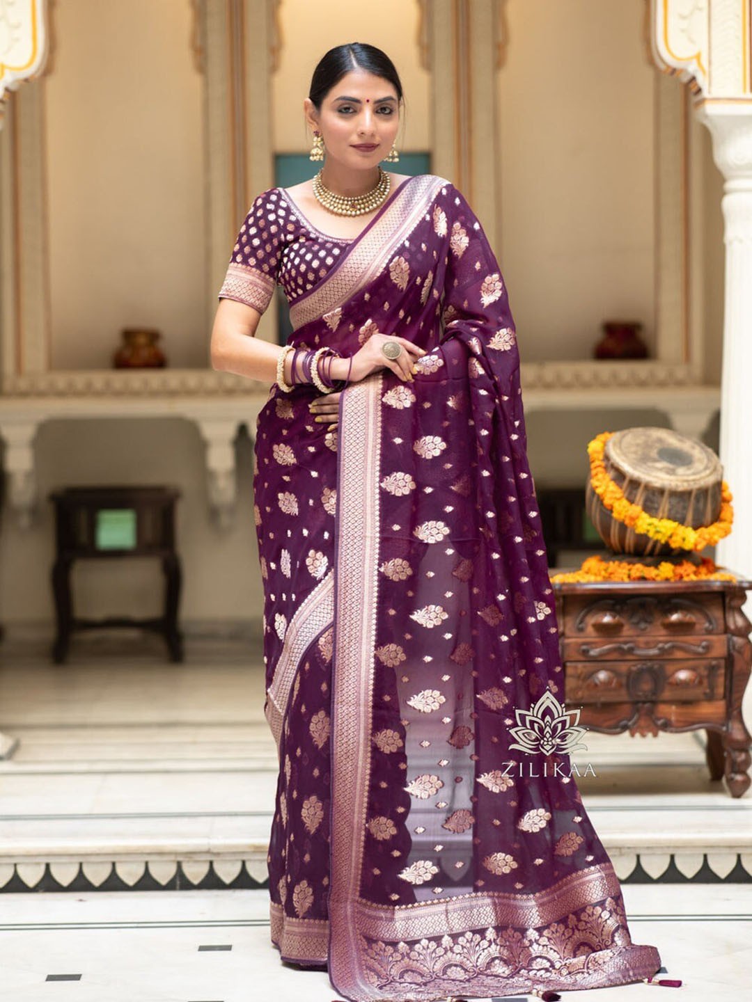 

Jinal & Jinal Woven Design Zari Pure Silk Banarasi Saree, Purple
