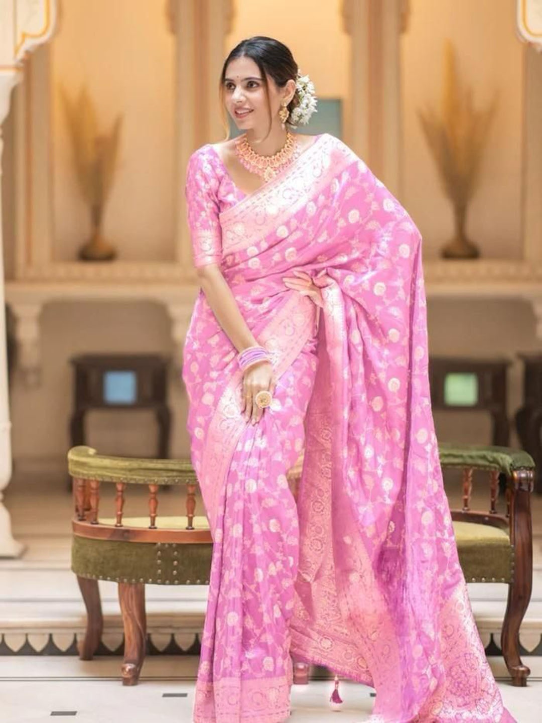 

Jinal & Jinal Ethnic Motifs Woven Design Zari Pure Silk Banarasi Saree, Pink