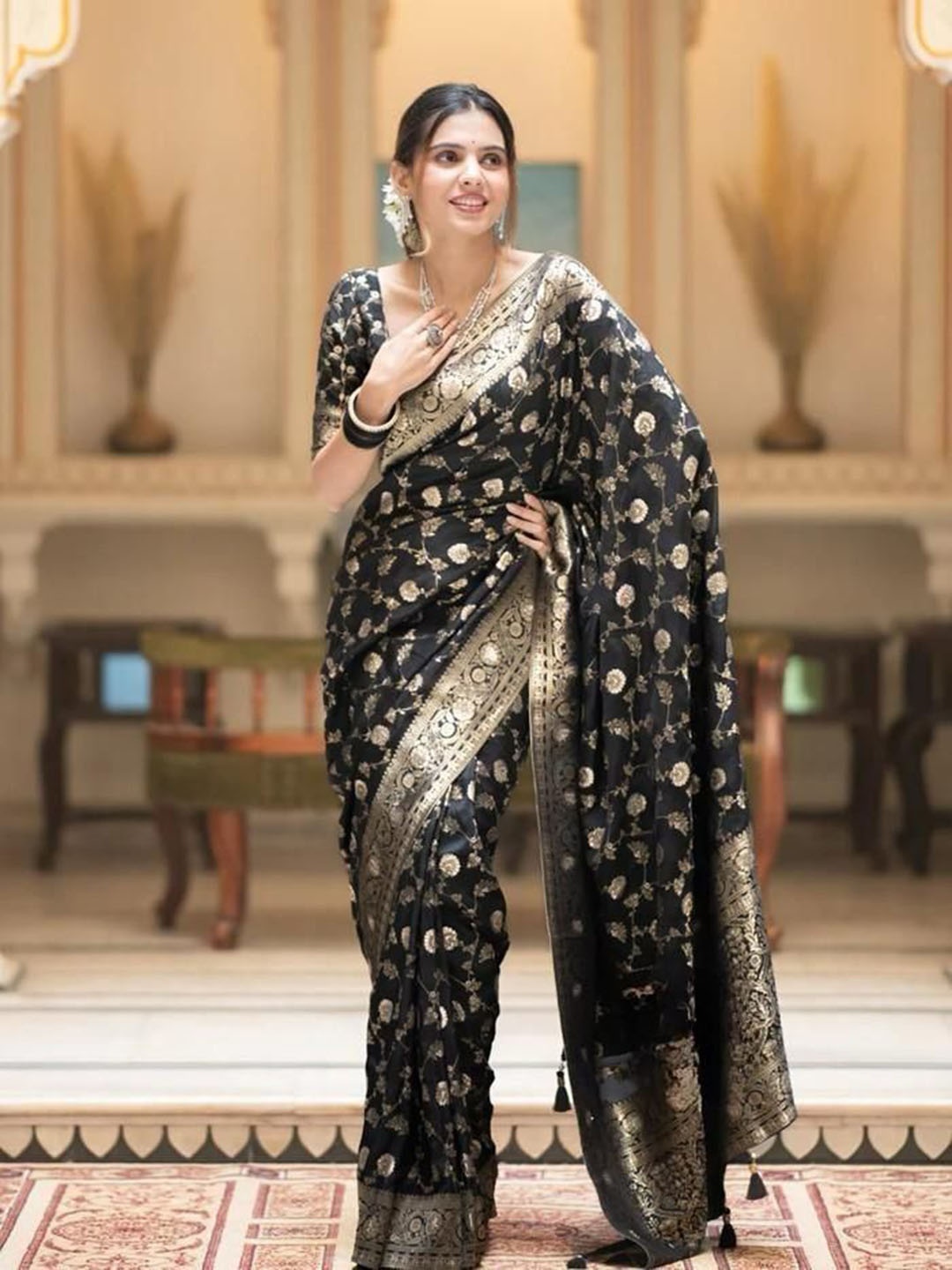 

Jinal & Jinal Ethnic Motifs Woven Design Zari Pure Silk Banarasi Saree, Black