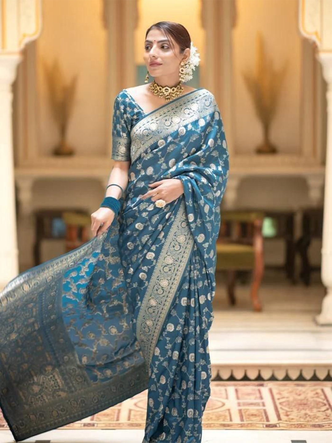 

Jinal & Jinal Ethnic Motifs Woven Design Zari Pure Silk Banarasi Saree, Turquoise blue