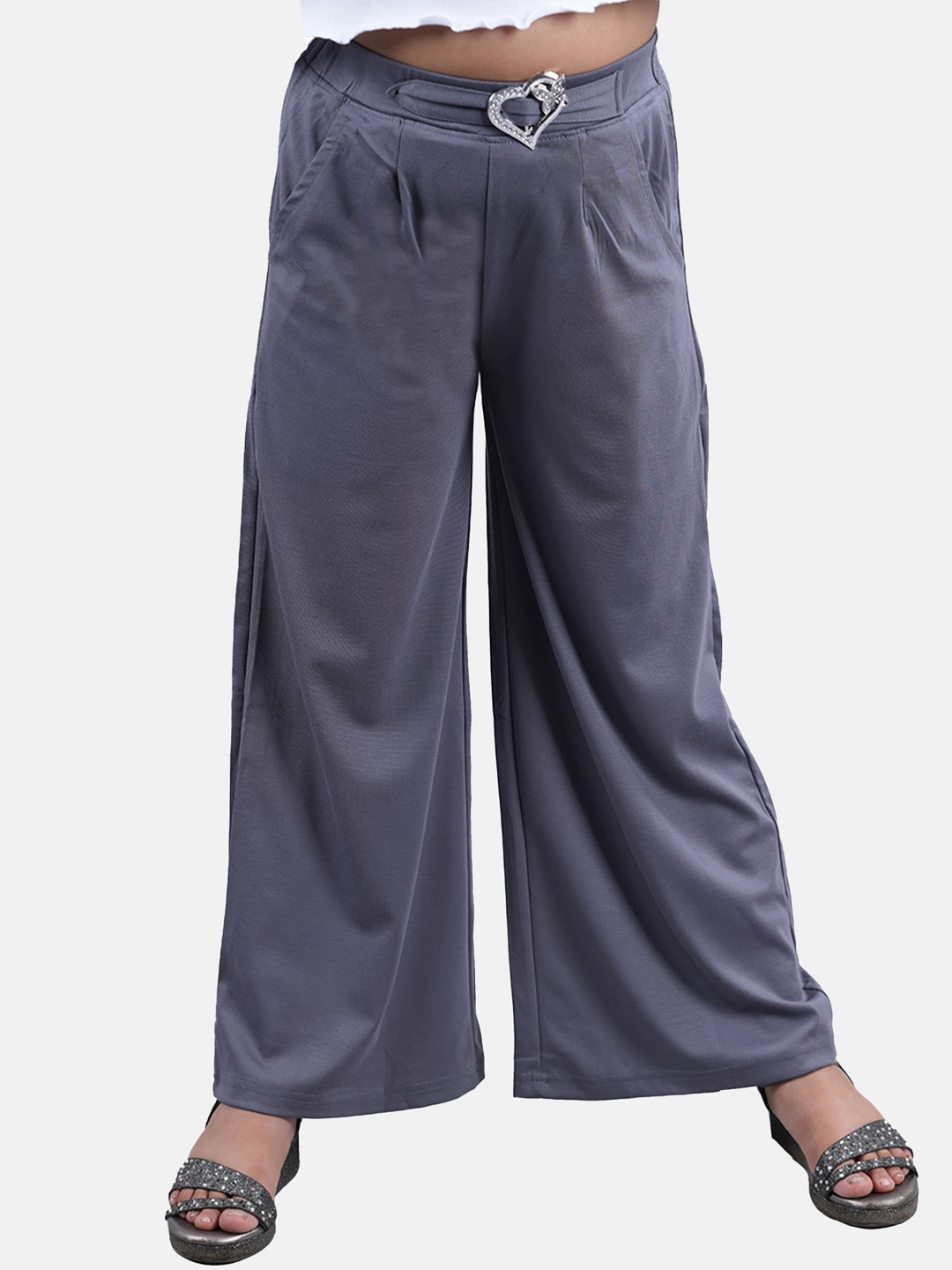 KiddoPanti Girls Mid-Rise Straight Fit Pleated Parallel Trousers, Grey