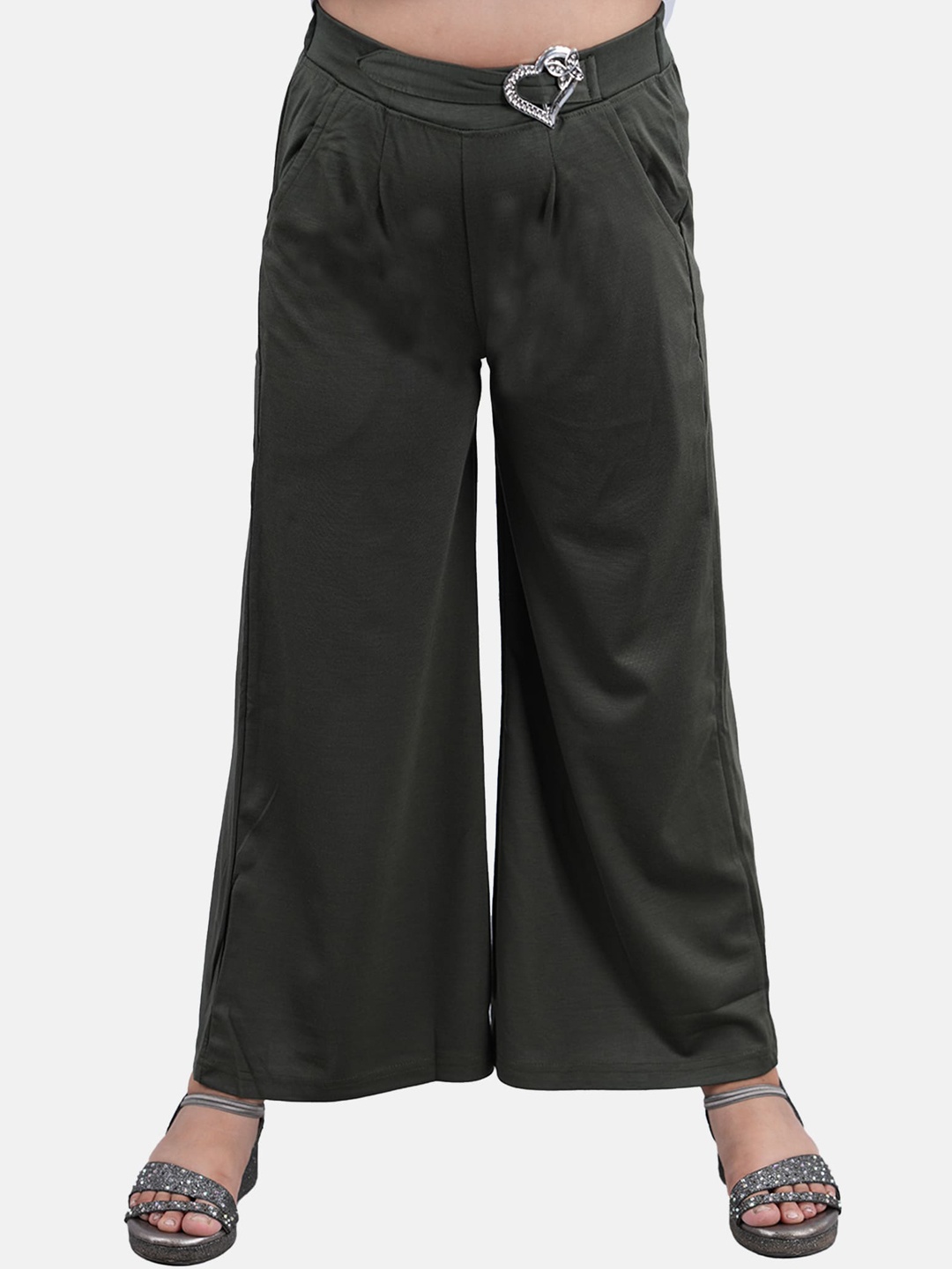 

KiddoPanti Girls Mid-Rise Straight Fit Pleated Parallel Trousers, Green